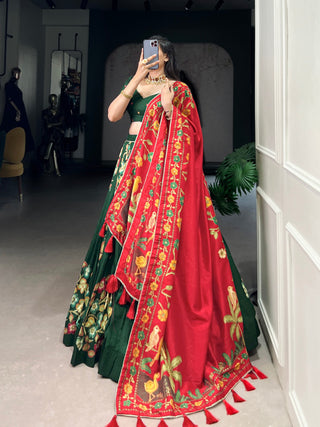 Green Elegant Tussar Silk Printed Lehenga Set with Foil Work & Gotta Patti Dupatta ClothsVilla