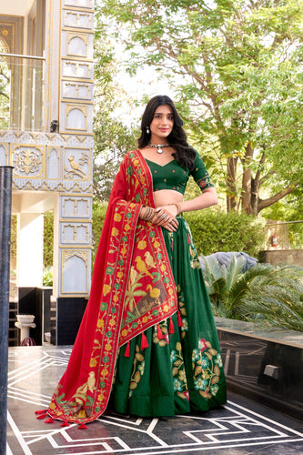 Green Elegant Tussar Silk Printed Lehenga Set with Foil Work & Gotta Patti Dupatta ClothsVilla