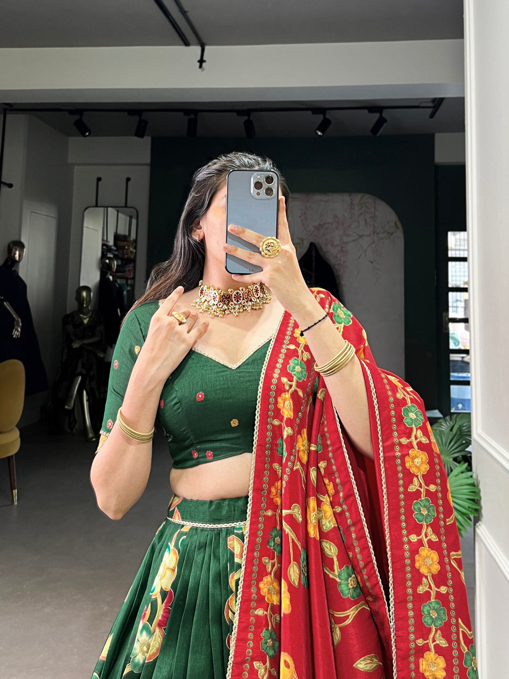 Green Elegant Tussar Silk Printed Lehenga Set with Foil Work & Gotta Patti Dupatta ClothsVilla