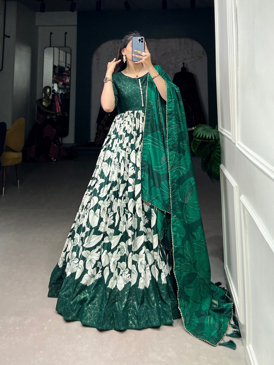 Green Elegant Tussar Silk Ready-to-Wear Gown with Dupatta