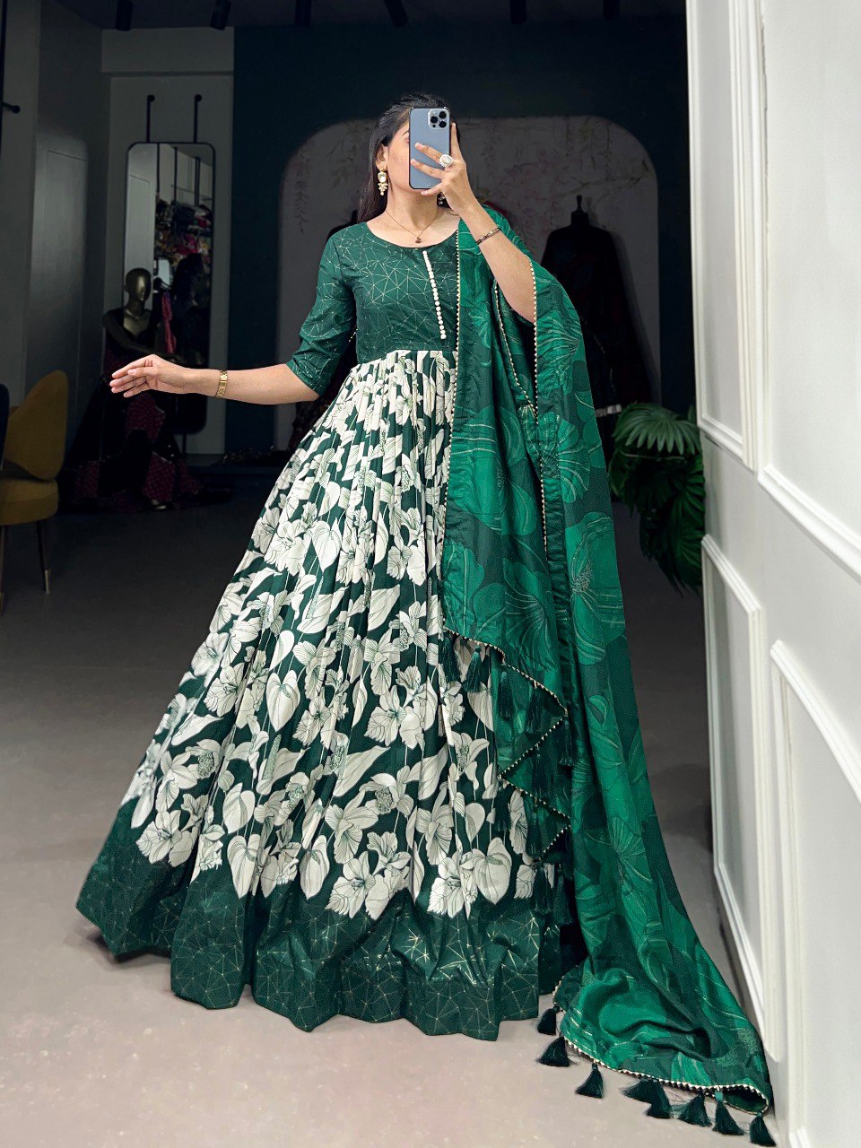 Green Elegant Tussar Silk Ready-to-Wear Gown with Dupatta