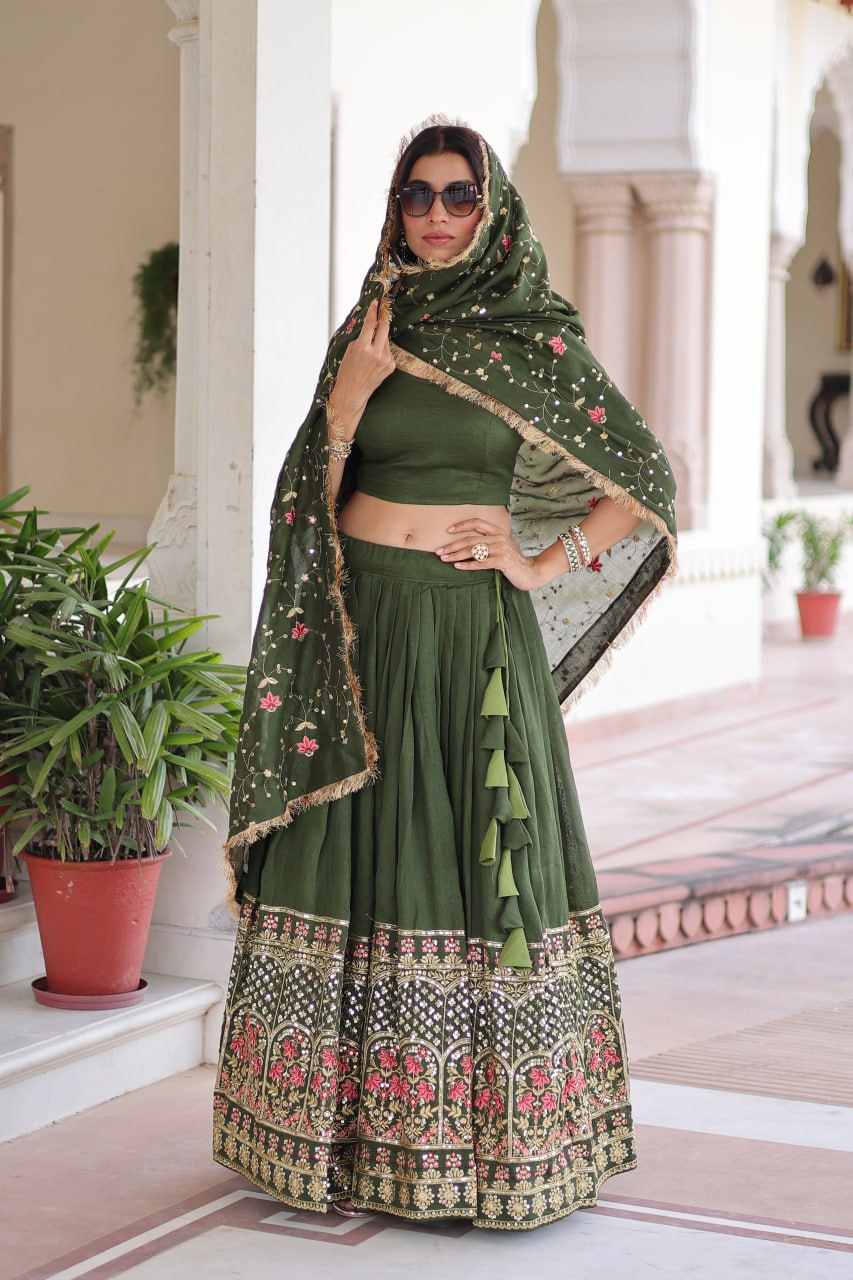Mehendi Elegant Vichitra Silk Sequins & Thread Embroidered Lehenga Set with Designer Lace Dupatta – Stitched 3-Meter Flair Lehenga & Unstitched Blouse ClothsVilla