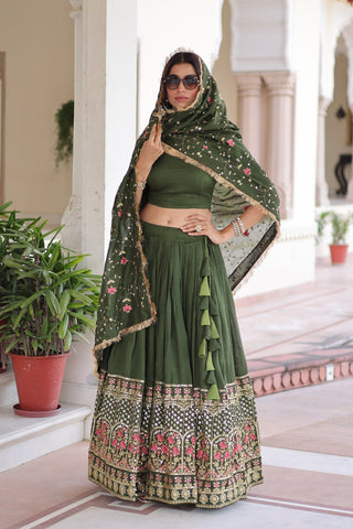 Mehendi Elegant Vichitra Silk Sequins & Thread Embroidered Lehenga Set with Designer Lace Dupatta – Stitched 3-Meter Flair Lehenga & Unstitched Blouse ClothsVilla