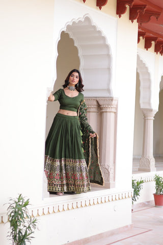 Mehendi Elegant Vichitra Silk Sequins & Thread Embroidered Lehenga Set with Designer Lace Dupatta – Stitched 3-Meter Flair Lehenga & Unstitched Blouse ClothsVilla