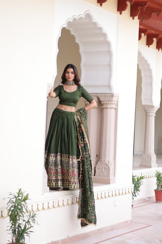 Mehendi Elegant Vichitra Silk Sequins & Thread Embroidered Lehenga Set with Designer Lace Dupatta – Stitched 3-Meter Flair Lehenga & Unstitched Blouse ClothsVilla