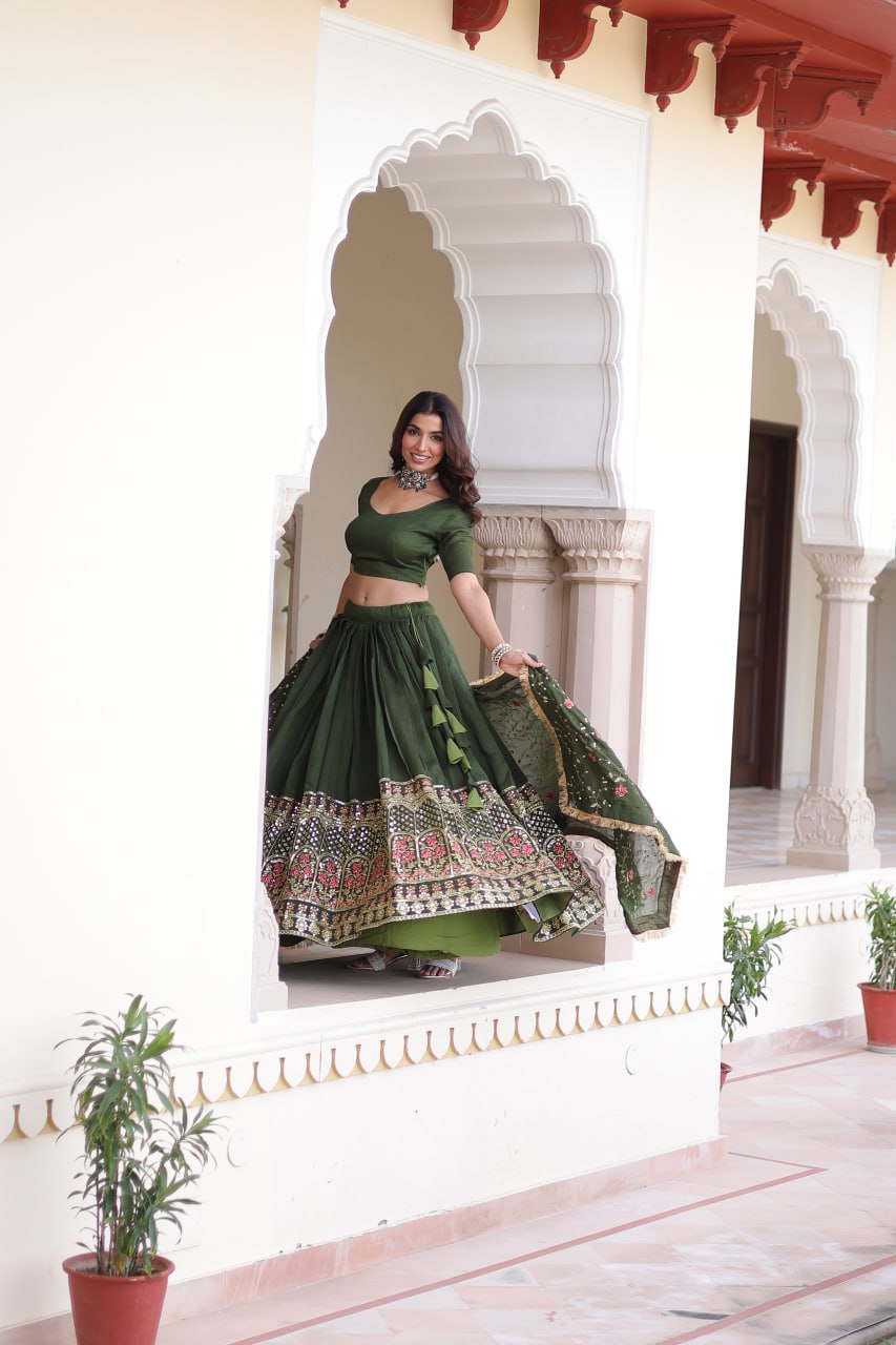 Mehendi Elegant Vichitra Silk Sequins & Thread Embroidered Lehenga Set with Designer Lace Dupatta – Stitched 3-Meter Flair Lehenga & Unstitched Blouse ClothsVilla