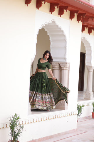 Mehendi Elegant Vichitra Silk Sequins & Thread Embroidered Lehenga Set with Designer Lace Dupatta – Stitched 3-Meter Flair Lehenga & Unstitched Blouse ClothsVilla