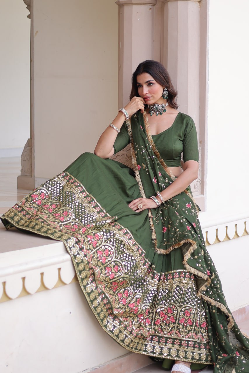 Mehendi Elegant Vichitra Silk Sequins & Thread Embroidered Lehenga Set with Designer Lace Dupatta – Stitched 3-Meter Flair Lehenga & Unstitched Blouse ClothsVilla