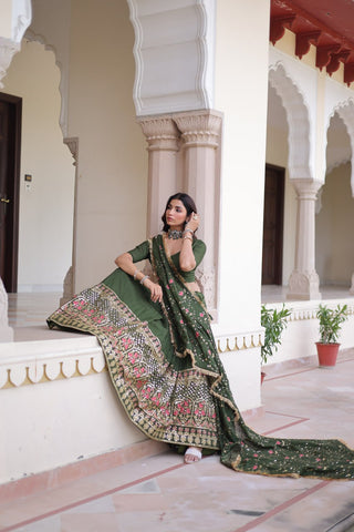 Mehendi Elegant Vichitra Silk Sequins & Thread Embroidered Lehenga Set with Designer Lace Dupatta – Stitched 3-Meter Flair Lehenga & Unstitched Blouse ClothsVilla
