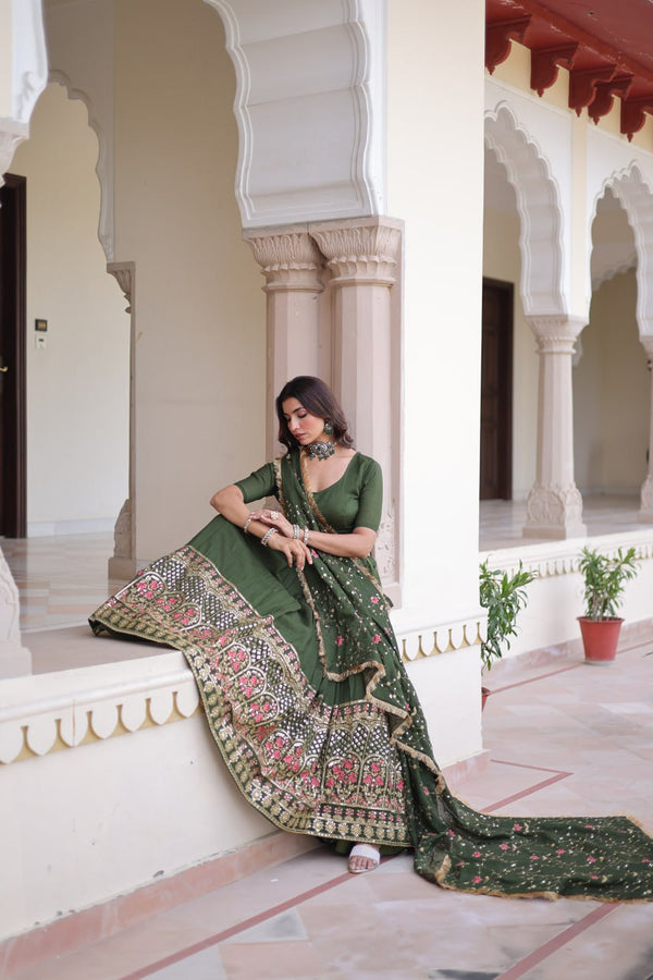 Mehendi Elegant Vichitra Silk Sequins & Thread Embroidered Lehenga Set with Designer Lace Dupatta – Stitched 3-Meter Flair Lehenga & Unstitched Blouse ClothsVilla