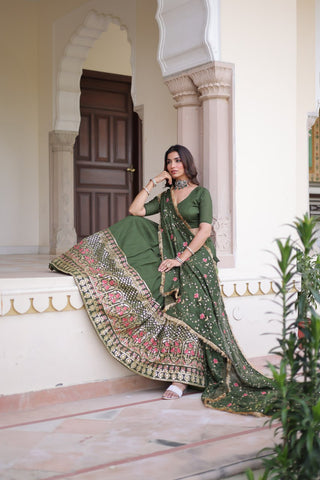 Mehendi Elegant Vichitra Silk Sequins & Thread Embroidered Lehenga Set with Designer Lace Dupatta – Stitched 3-Meter Flair Lehenga & Unstitched Blouse ClothsVilla