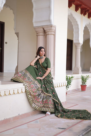 Mehendi Elegant Vichitra Silk Sequins & Thread Embroidered Lehenga Set with Designer Lace Dupatta – Stitched 3-Meter Flair Lehenga & Unstitched Blouse ClothsVilla