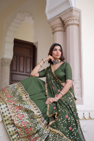 Mehendi Elegant Vichitra Silk Sequins & Thread Embroidered Lehenga Set with Designer Lace Dupatta – Stitched 3-Meter Flair Lehenga & Unstitched Blouse ClothsVilla