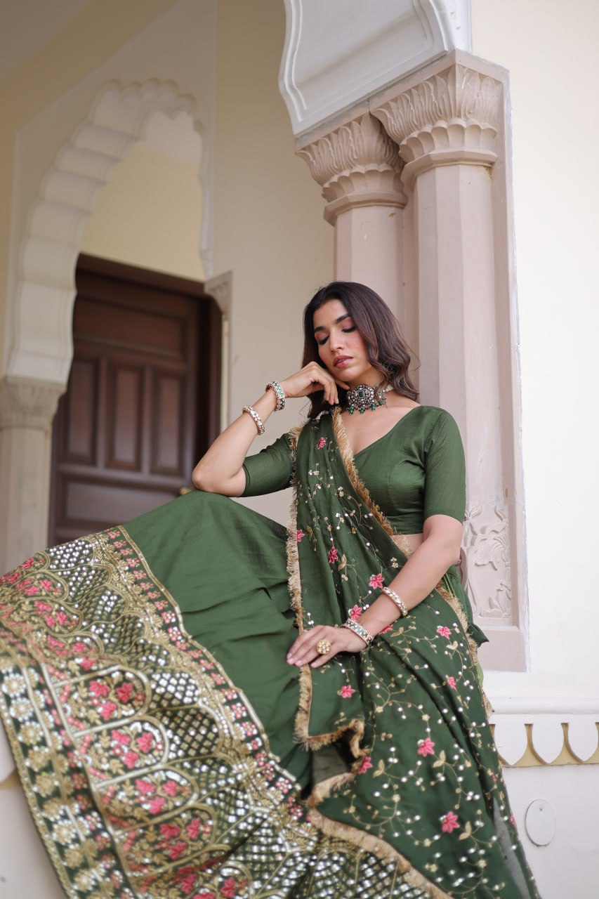 Mehendi Elegant Vichitra Silk Sequins & Thread Embroidered Lehenga Set with Designer Lace Dupatta – Stitched 3-Meter Flair Lehenga & Unstitched Blouse ClothsVilla