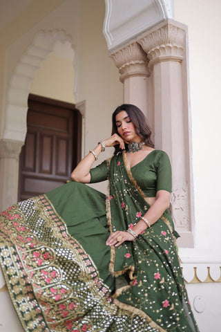 Mehendi Elegant Vichitra Silk Sequins & Thread Embroidered Lehenga Set with Designer Lace Dupatta – Stitched 3-Meter Flair Lehenga & Unstitched Blouse ClothsVilla