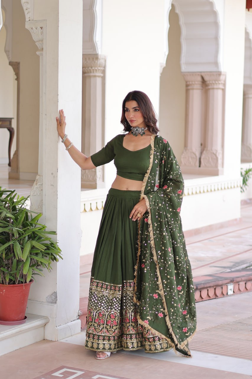Mehendi Elegant Vichitra Silk Sequins & Thread Embroidered Lehenga Set with Designer Lace Dupatta – Stitched 3-Meter Flair Lehenga & Unstitched Blouse ClothsVilla