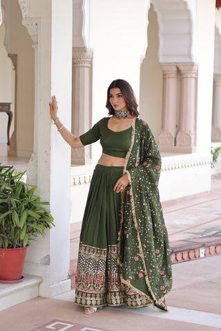 Mehendi Elegant Vichitra Silk Sequins & Thread Embroidered Lehenga Set with Designer Lace Dupatta – Stitched 3-Meter Flair Lehenga & Unstitched Blouse ClothsVilla