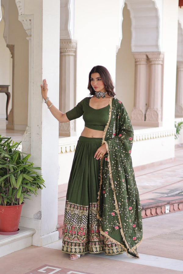 Mehendi Elegant Vichitra Silk Sequins & Thread Embroidered Lehenga Set with Designer Lace Dupatta – Stitched 3-Meter Flair Lehenga & Unstitched Blouse ClothsVilla