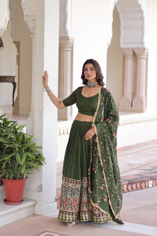 Mehendi Elegant Vichitra Silk Sequins & Thread Embroidered Lehenga Set with Designer Lace Dupatta – Stitched 3-Meter Flair Lehenga & Unstitched Blouse ClothsVilla