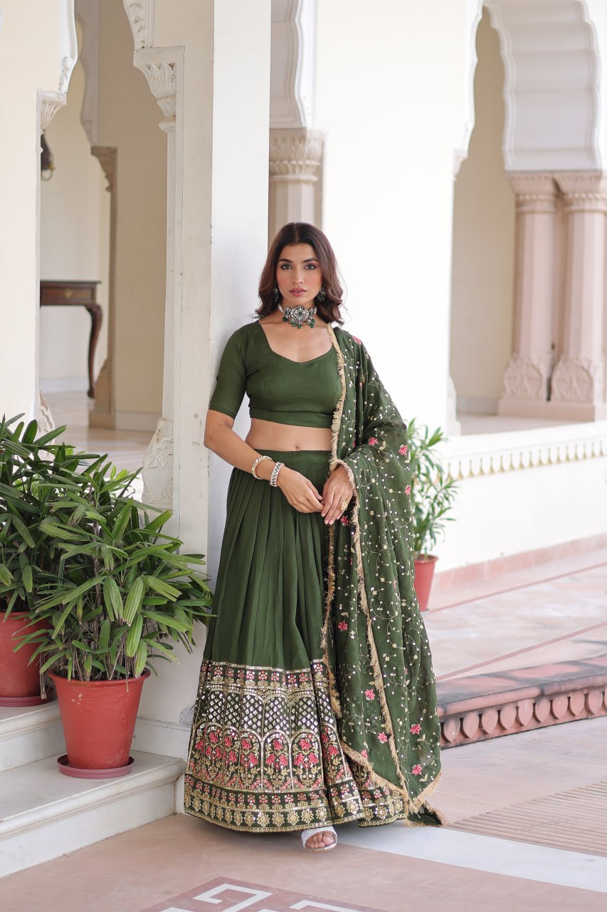Mehendi Elegant Vichitra Silk Sequins & Thread Embroidered Lehenga Set with Designer Lace Dupatta – Stitched 3-Meter Flair Lehenga & Unstitched Blouse ClothsVilla Main image