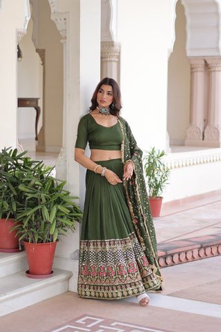 Mehendi Elegant Vichitra Silk Sequins & Thread Embroidered Lehenga Set with Designer Lace Dupatta – Stitched 3-Meter Flair Lehenga & Unstitched Blouse ClothsVilla