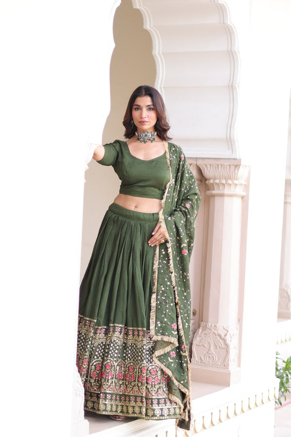 Mehendi Elegant Vichitra Silk Sequins & Thread Embroidered Lehenga Set with Designer Lace Dupatta – Stitched 3-Meter Flair Lehenga & Unstitched Blouse ClothsVilla