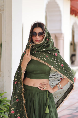 Mehendi Elegant Vichitra Silk Sequins & Thread Embroidered Lehenga Set with Designer Lace Dupatta – Stitched 3-Meter Flair Lehenga & Unstitched Blouse ClothsVilla