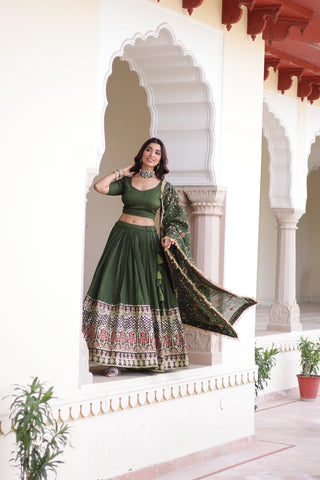 Mehendi Elegant Vichitra Silk Sequins & Thread Embroidered Lehenga Set with Designer Lace Dupatta – Stitched 3-Meter Flair Lehenga & Unstitched Blouse ClothsVilla