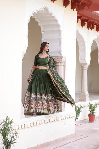 Mehendi Elegant Vichitra Silk Sequins & Thread Embroidered Lehenga Set with Designer Lace Dupatta – Stitched 3-Meter Flair Lehenga & Unstitched Blouse ClothsVilla