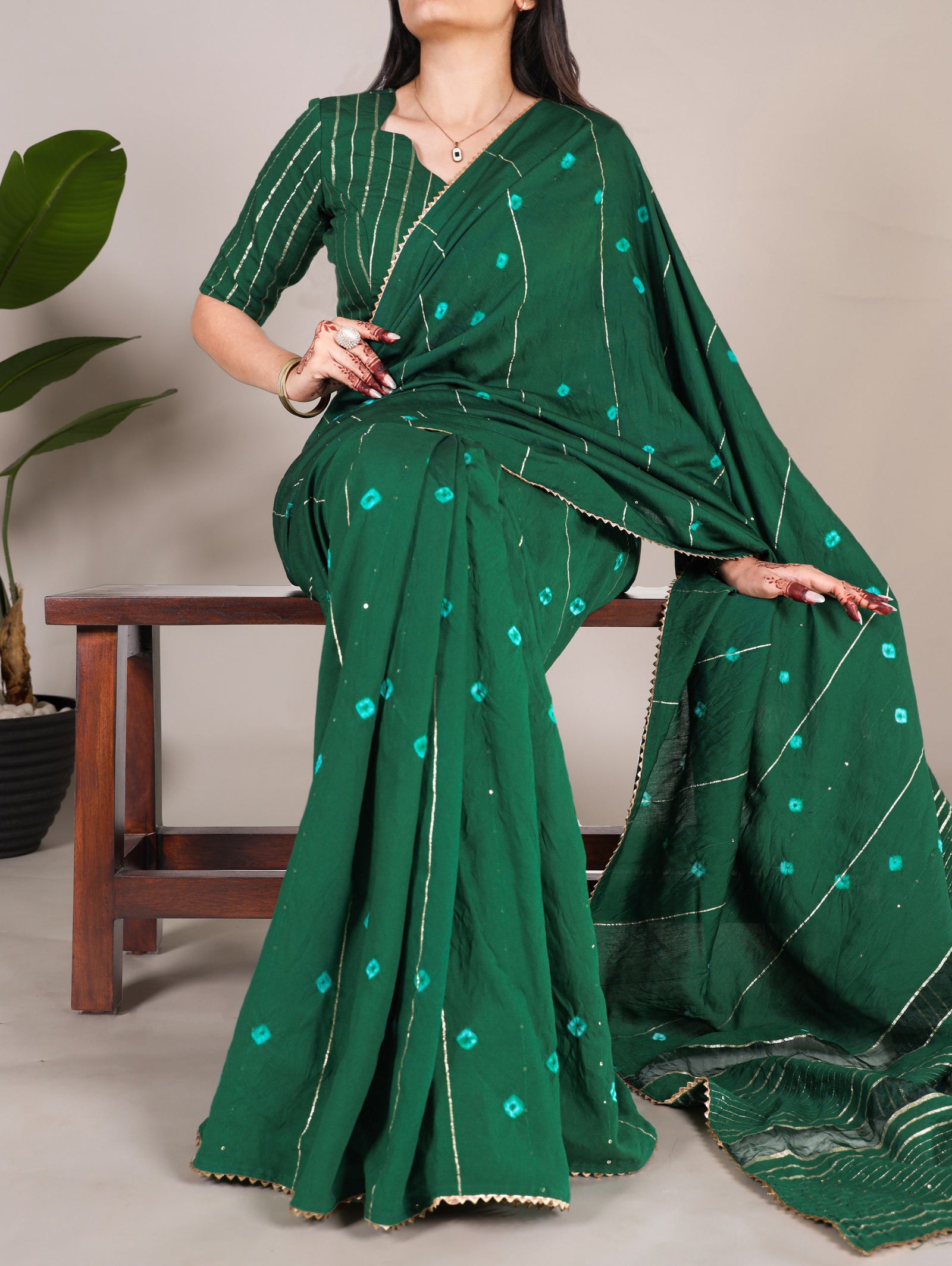 Green Elegant Viscose Chanderi Saree with Sequins, Zari Line, and Gota Patti Lace Border