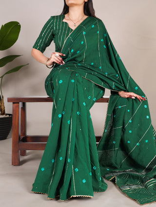 Green Elegant Viscose Chanderi Saree with Sequins, Zari Line, and Gota Patti Lace Border