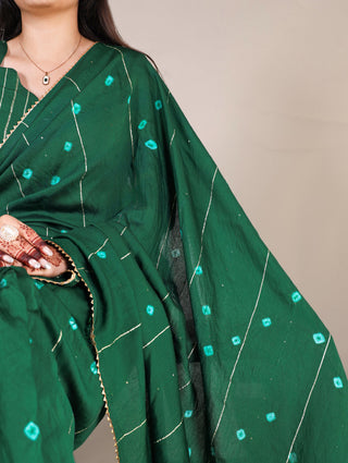 Green Elegant Viscose Chanderi Saree with Sequins, Zari Line, and Gota Patti Lace Border