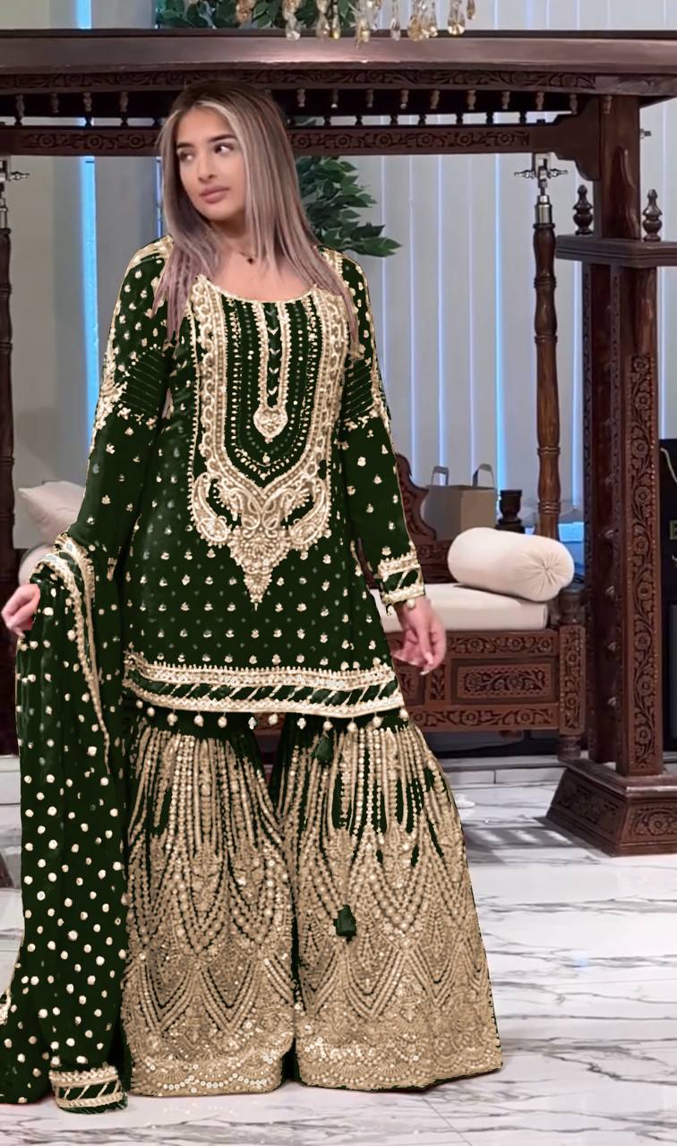 Green Embroidered Faux Georgette Plazzo Set with Sequins Work & Lace Dupatta ClothsVilla Main image