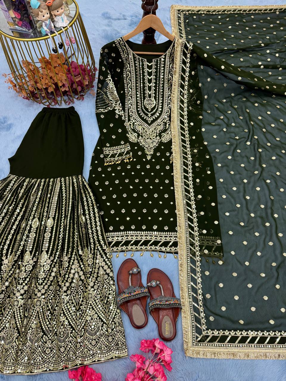 Green Embroidered Faux Georgette Plazzo Set with Sequins Work & Lace Dupatta Secondary image