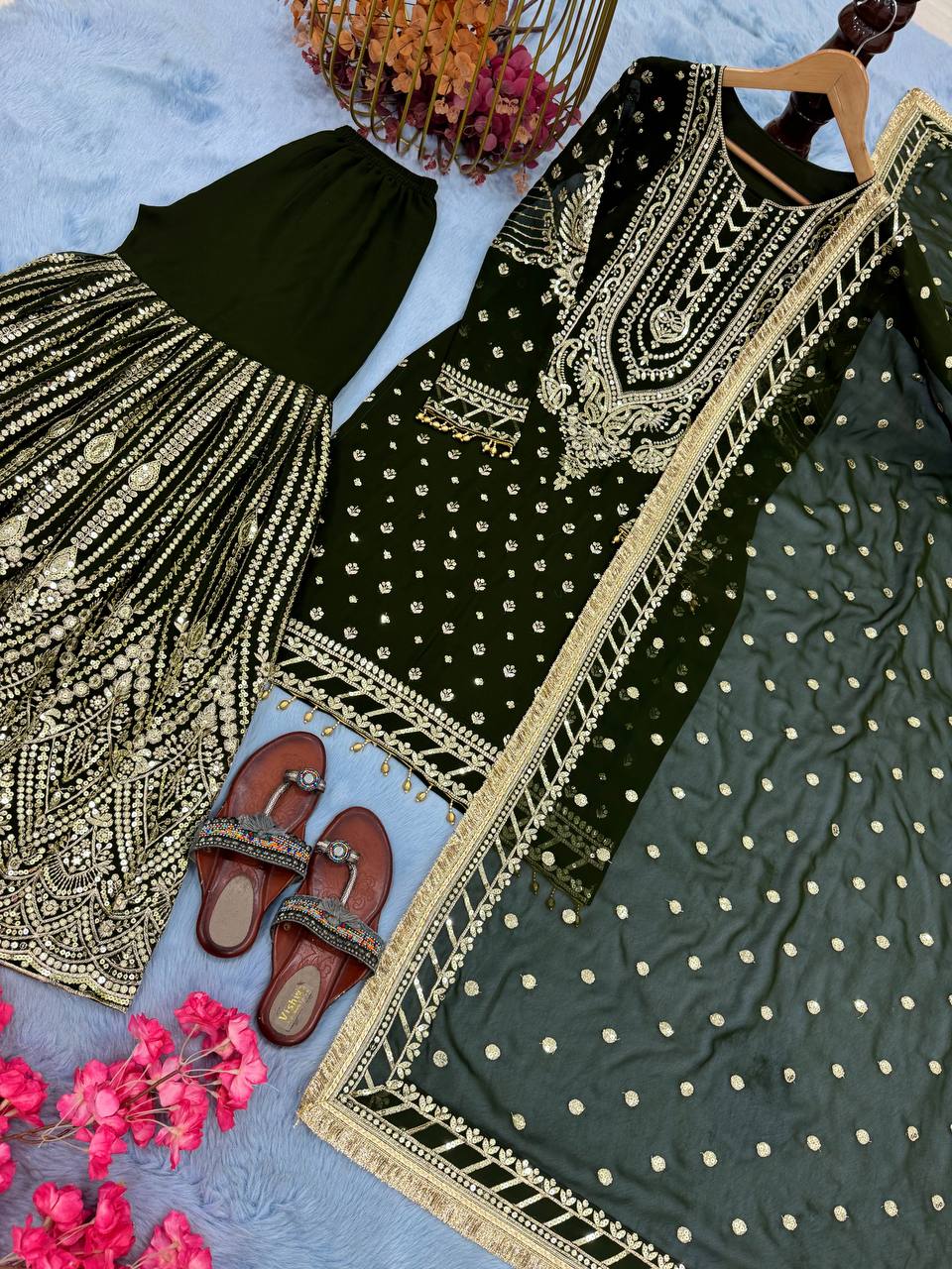 Green Embroidered Faux Georgette Plazzo Set with Sequins Work & Lace Dupatta ClothsVilla