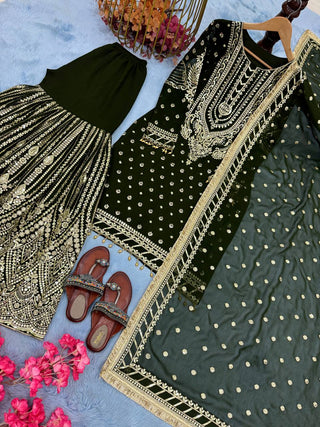 Green Embroidered Faux Georgette Plazzo Set with Sequins Work & Lace Dupatta ClothsVilla