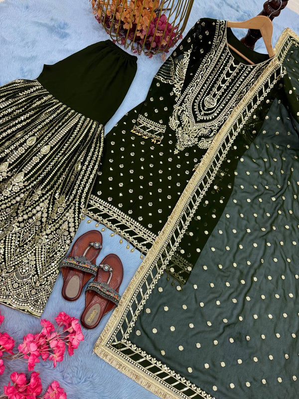 Green Embroidered Faux Georgette Plazzo Set with Sequins Work & Lace Dupatta ClothsVilla
