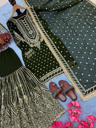 Green Embroidered Faux Georgette Plazzo Set with Sequins Work & Lace Dupatta ClothsVilla