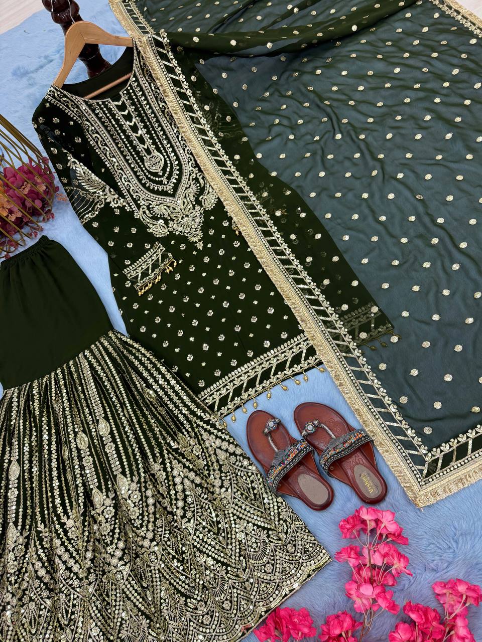 Green Embroidered Faux Georgette Plazzo Set with Sequins Work & Lace Dupatta ClothsVilla