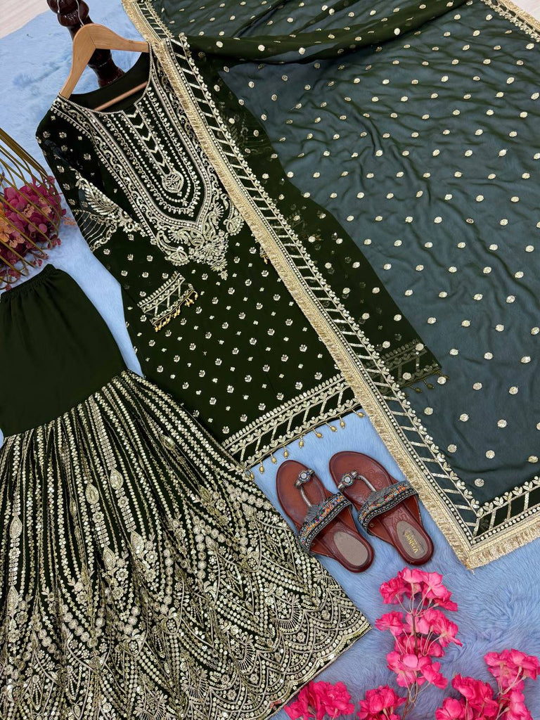 Green Embroidered Faux Georgette Plazzo Set with Sequins Work & Lace Dupatta ClothsVilla