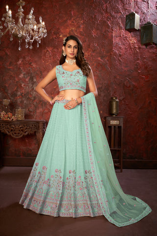 Exquisite Green Embroidered Fox Georgette Girlish Trendy Lehenga ClothsVilla