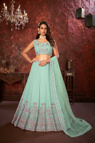 Exquisite Green Embroidered Fox Georgette Girlish Trendy Lehenga ClothsVilla