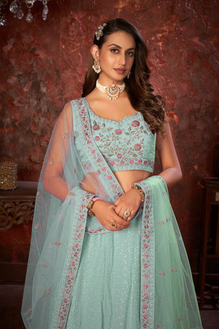 Exquisite Green Embroidered Fox Georgette Girlish Trendy Lehenga ClothsVilla