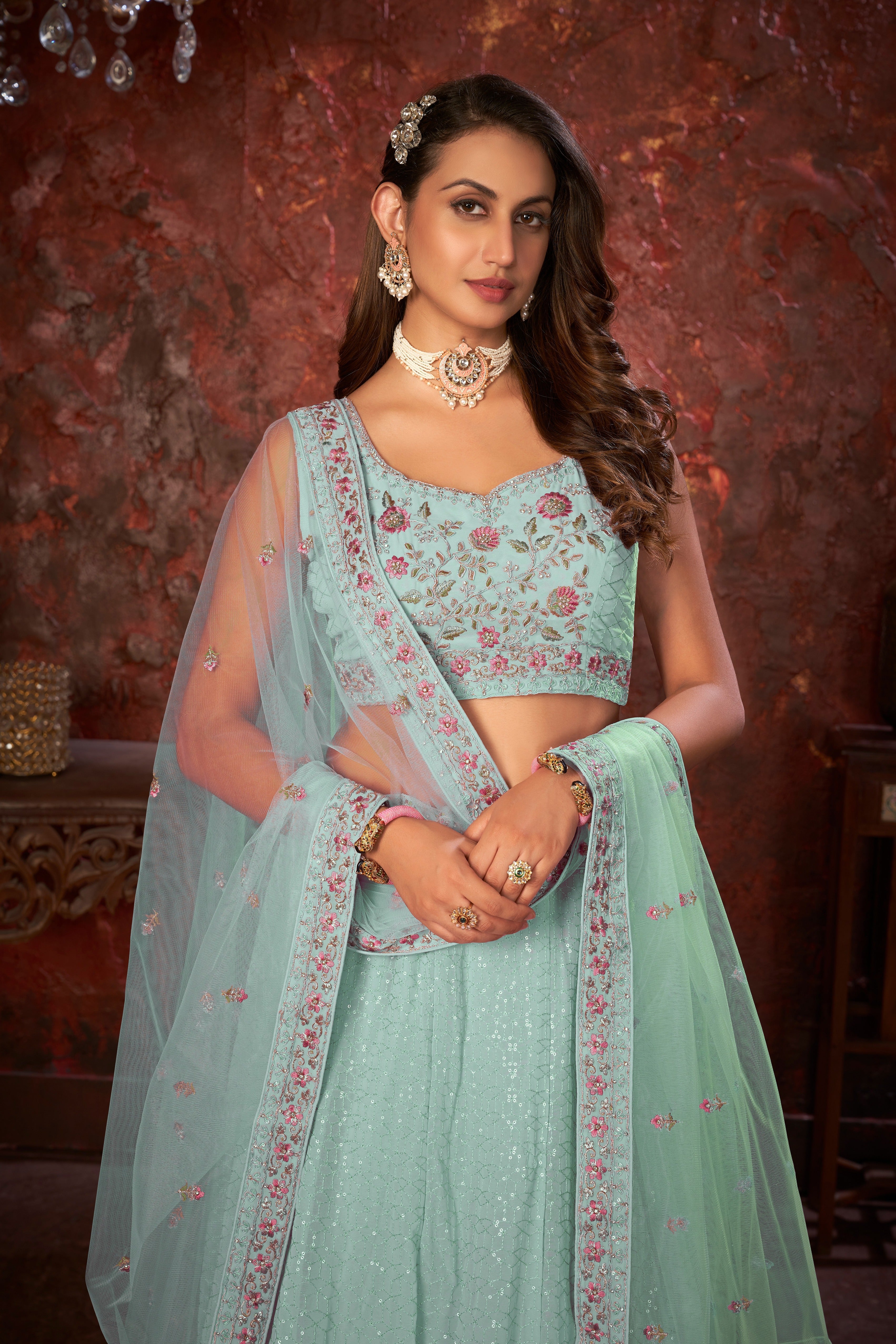 Exquisite Green Embroidered Fox Georgette Girlish Trendy Lehenga ClothsVilla