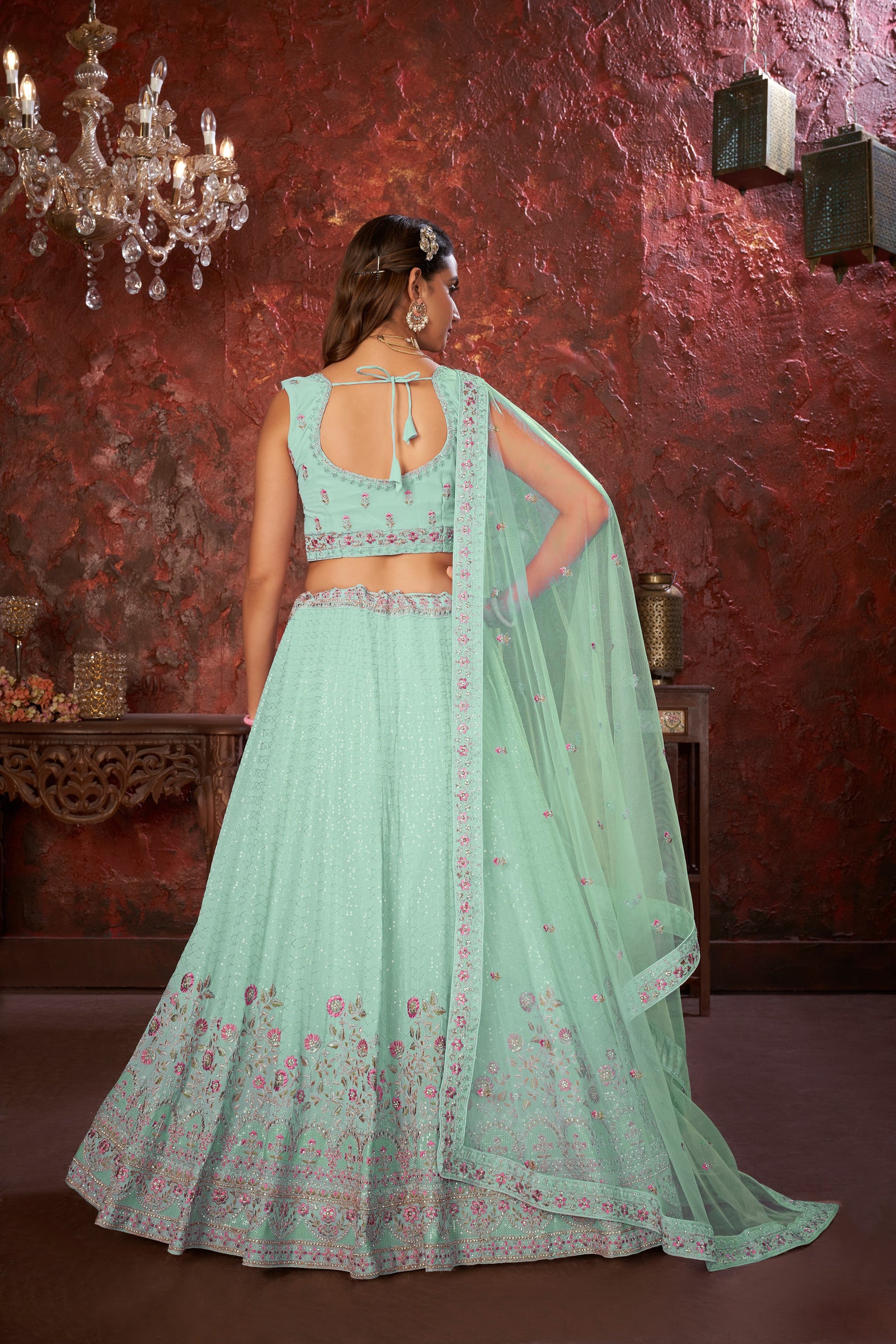 Exquisite Green Embroidered Fox Georgette Girlish Trendy Lehenga ClothsVilla