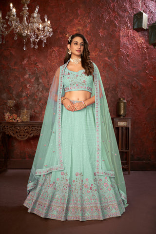 Exquisite Green Embroidered Fox Georgette Girlish Trendy Lehenga ClothsVilla