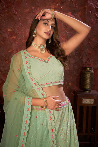 Green Embroidered Fox Georgette Lehenga Choli Set ClothsVilla