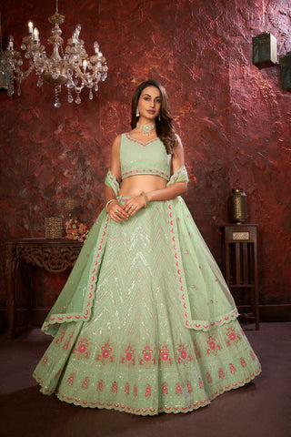 Green Embroidered Fox Georgette Lehenga Choli Set ClothsVilla