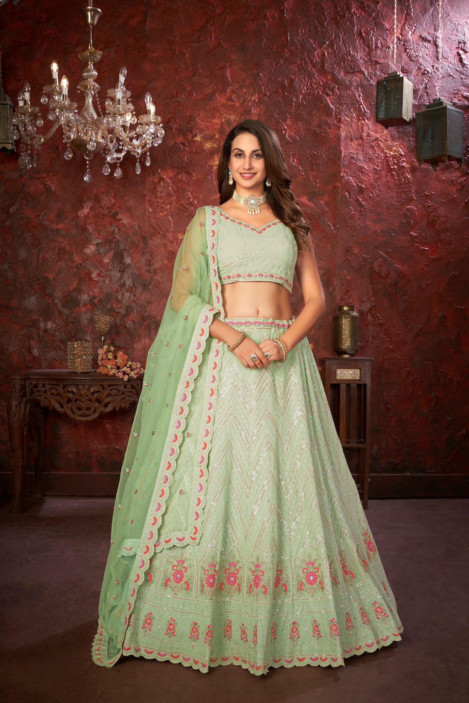 Green Embroidered Fox Georgette Lehenga Choli Set ClothsVilla