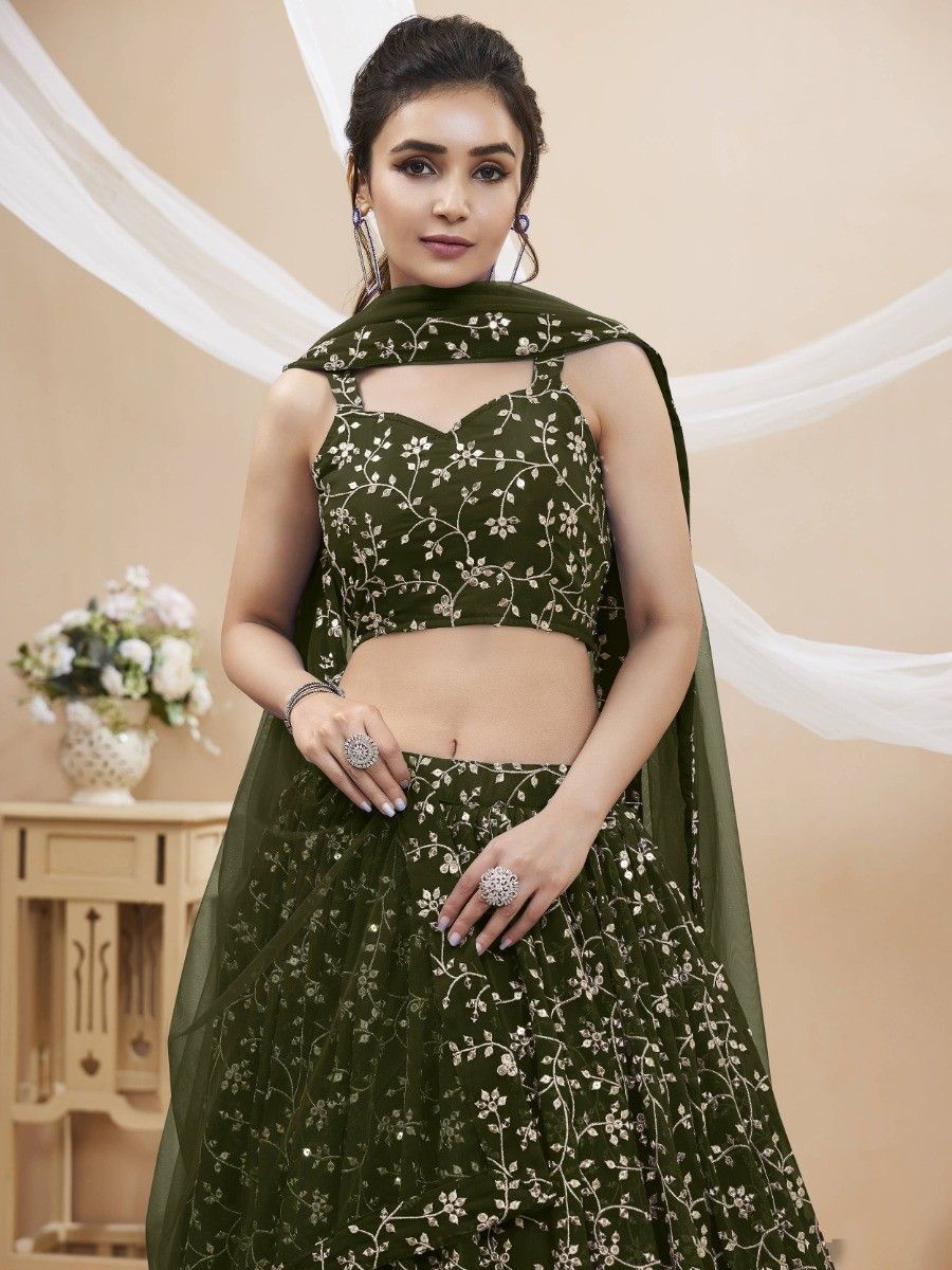 slim fit dress slacks Elegant Mehendi Green Color Art Silk Anarkali Suit With Embroidered Work For Function main image 0